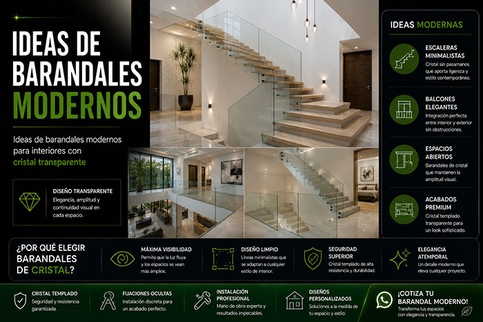 Ideas de barandales modernos para interiores con cristal transparente