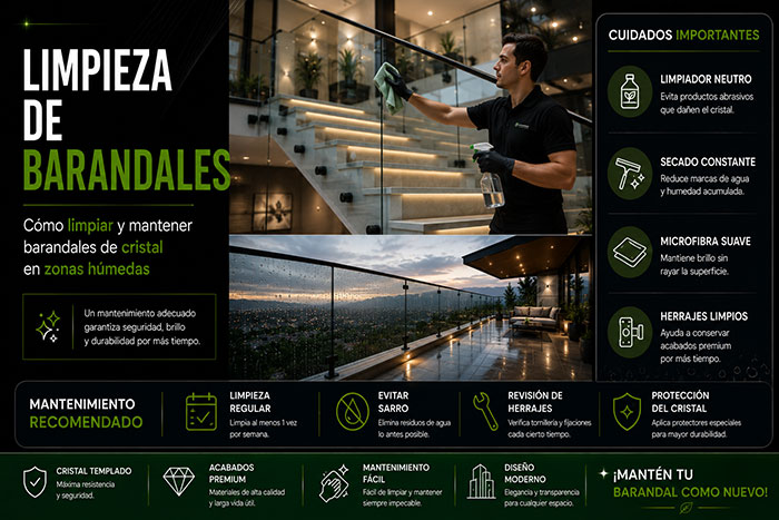 Cómo limpiar y mantener barandales de cristal en zonas húmedas