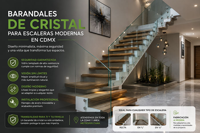 Barandales de cristal para escaleras modernas en CDMX