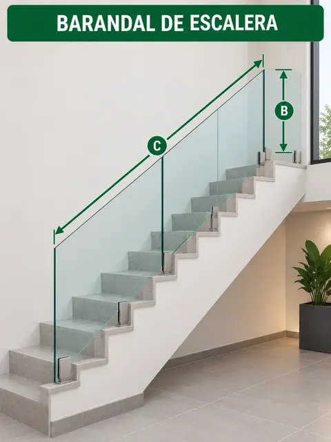 Diagrama para tomar las medidas aproximadas de un barandal de cristal para escalera
