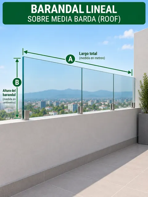 Diagrama para tomar las medidas de un barandal lineal de cristal instalado sobre una media barda