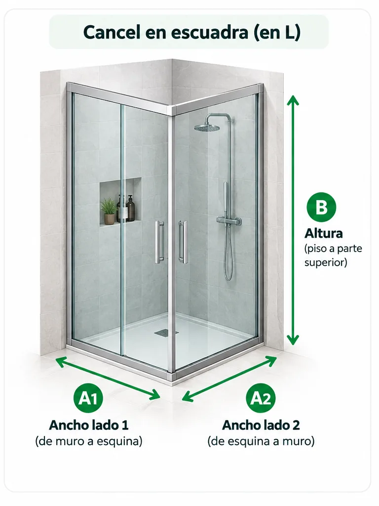 Diagrama para tomar las medidas de los dos lados y la altura de un cancel de baño en escuadra