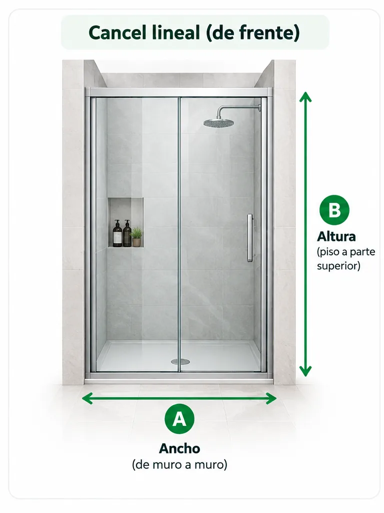 Diagrama para tomar las medidas de ancho y altura de un cancel de baño lineal