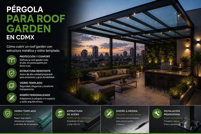 Pérgola para roof garden en CDMX con estructura metálica y vidrio