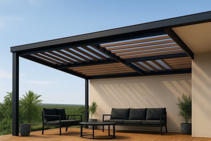 Pérgola de cristal templado con estructura de acero en CDMX