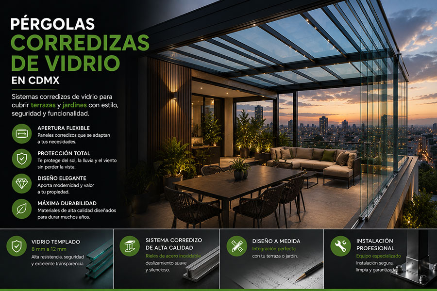 Pérgola corrediza de vidrio para terraza y roof garden en CDMX