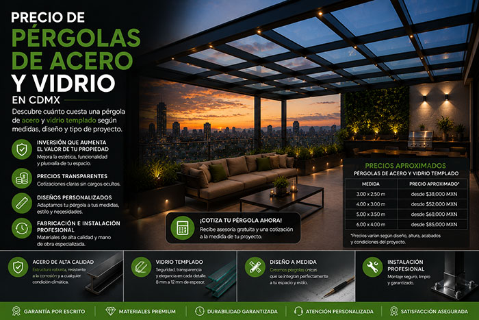 Costo de pérgolas modernas de acero y vidrio en CDMX