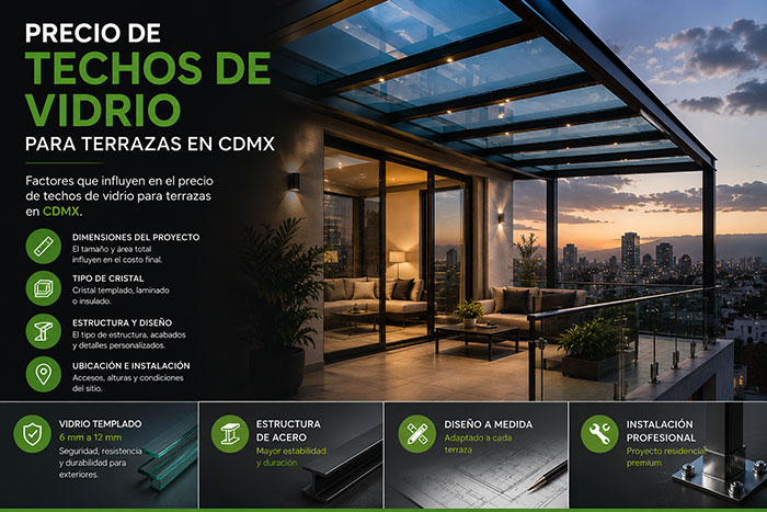 Costo de techos modernos de vidrio templado para terrazas en CDMX