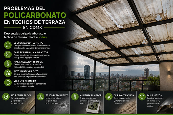 Policarbonato vs vidrio templado para terrazas y techos modernos en CDMX