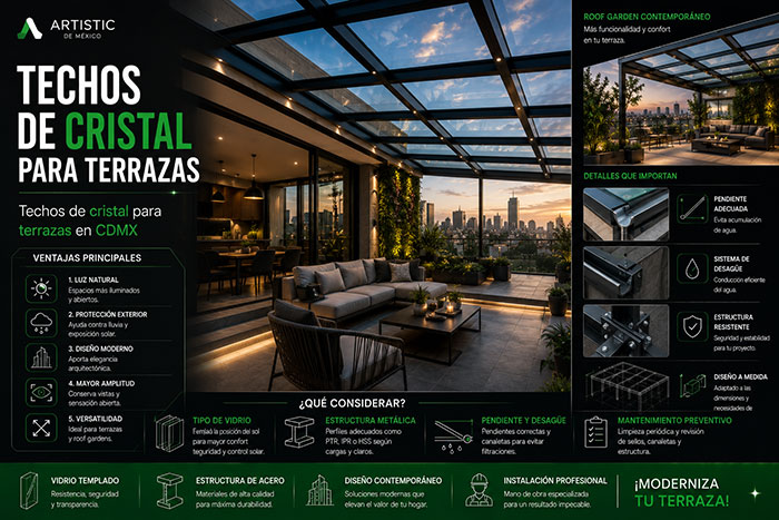 Techos de cristal modernos para terrazas y roof gardens en CDMX