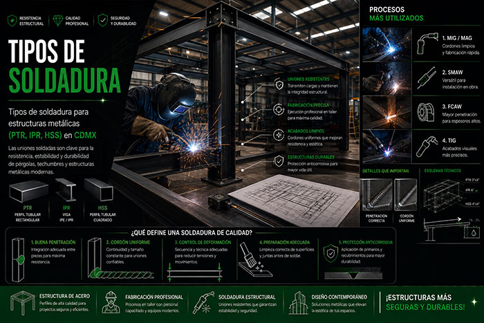 Soldadura para pérgolas y estructuras metálicas modernas en CDMX